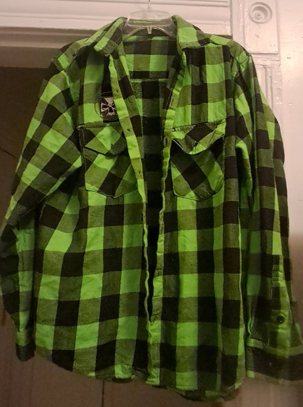 Demons Behind Me Neon Green & Black Buffalo Plaid Long Sleeve Button Down